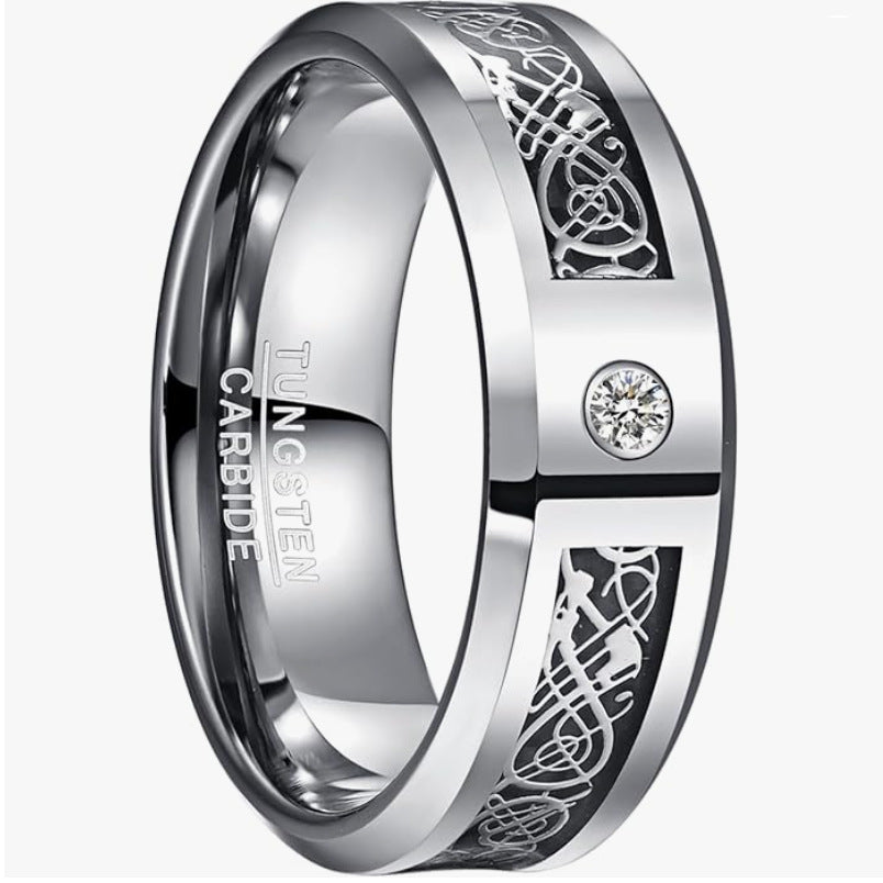 Modischer Herrenring aus Wolframstahl mit Epoxid-Einlage und Zirkon, Blau-Schwarz-Design