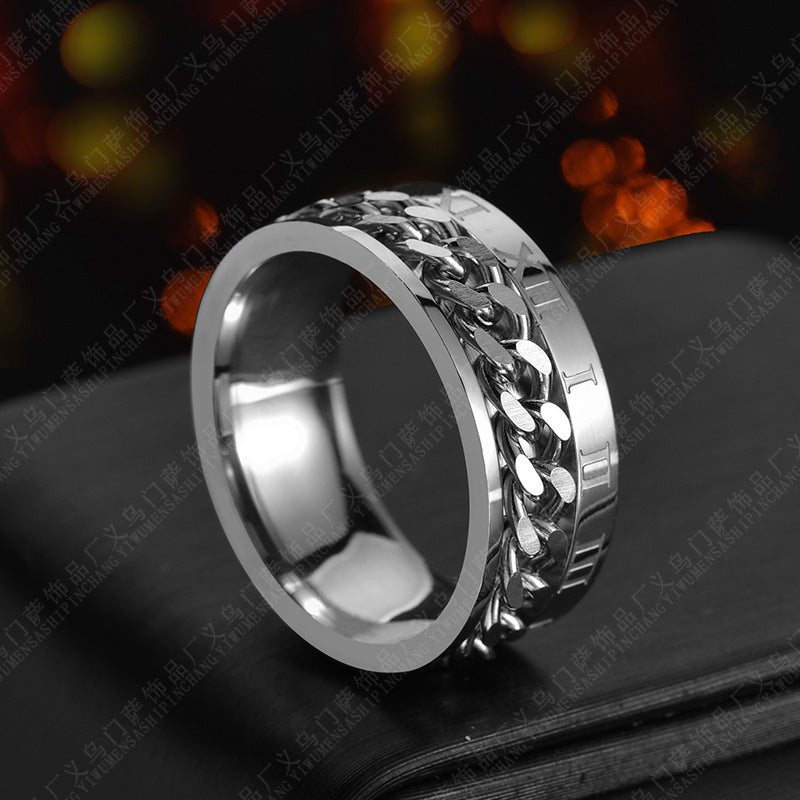 Drehbarer Herrenring aus Titanstahl mit römischen Ziffern und Kette, hochwertiger Multifunktions-Spinner mit Flaschenöffner, Punk-Partnerring