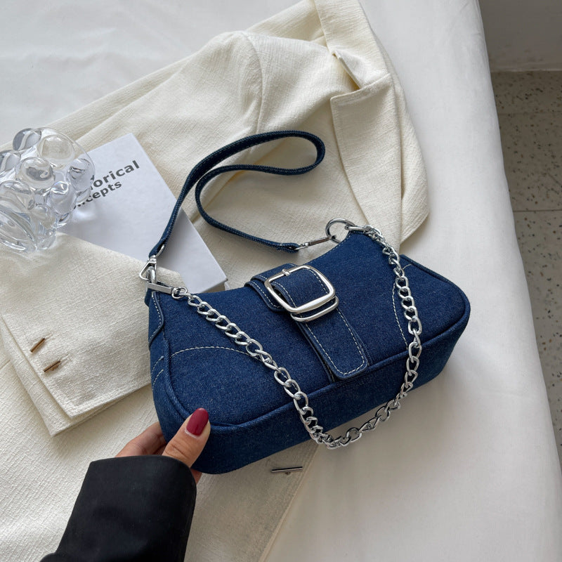 Denim shoulder bag for women with chain, fashionable crossbody handbag, small square underarm bag