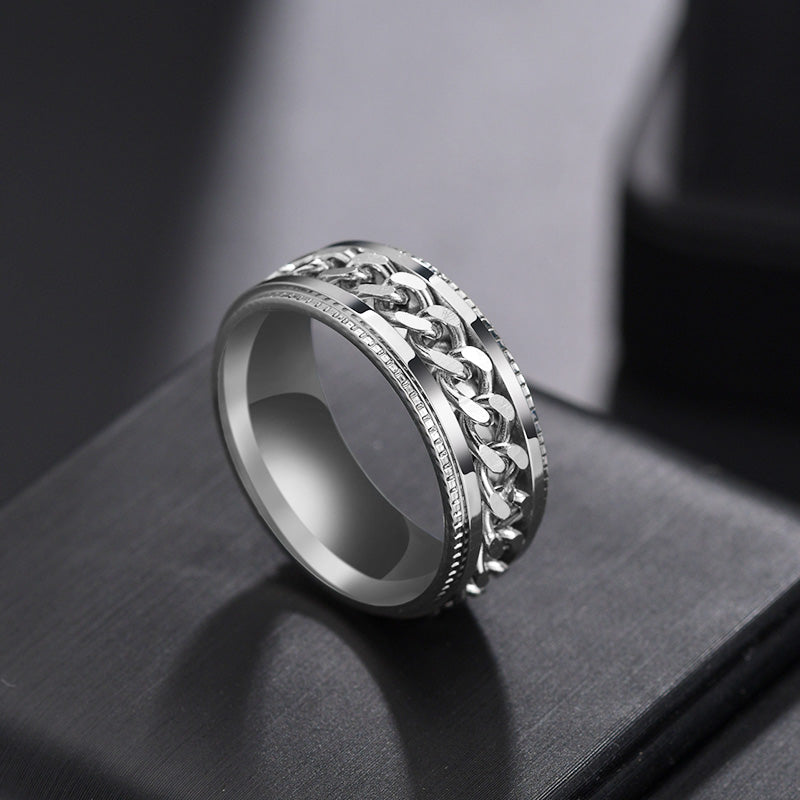 Drehbarer Herrenring aus Titanstahl mit Kette, cooler Designring