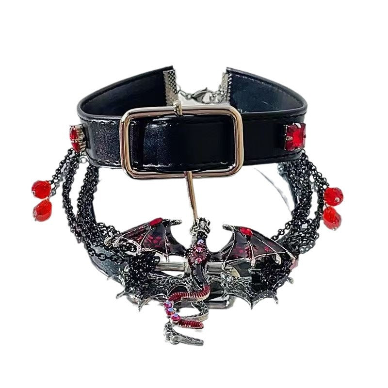 Small dragon choker necklace in dark style with tassel and round beads