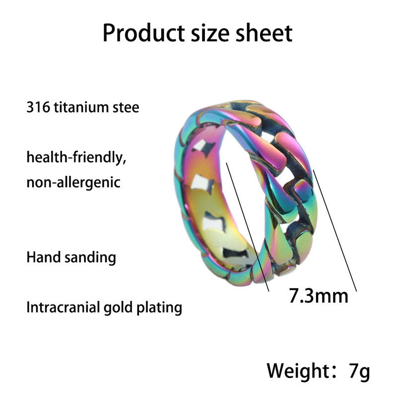 Herrenring aus Titanstahl mit flacher Kette, Retro-Punk-Stil, markantes Hohl-Design