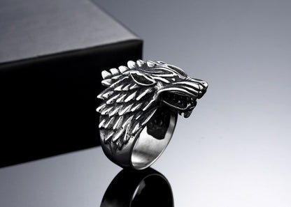 Men's ring made of titanium steel with wolf's head, striking designer ring