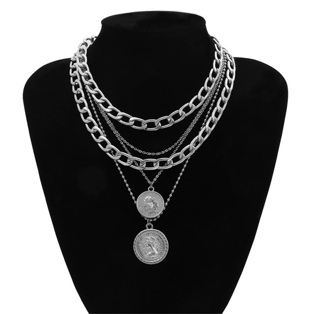 Multi-layered hip-hop necklace with medal pendant