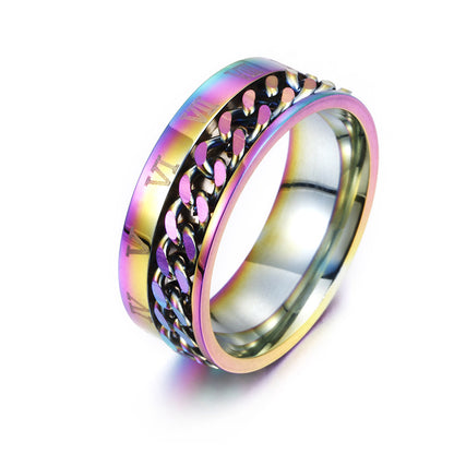 Drehbarer Herrenring aus Titanstahl mit römischen Ziffern und Kette, hochwertiger Multifunktions-Spinner mit Flaschenöffner, Punk-Partnerring