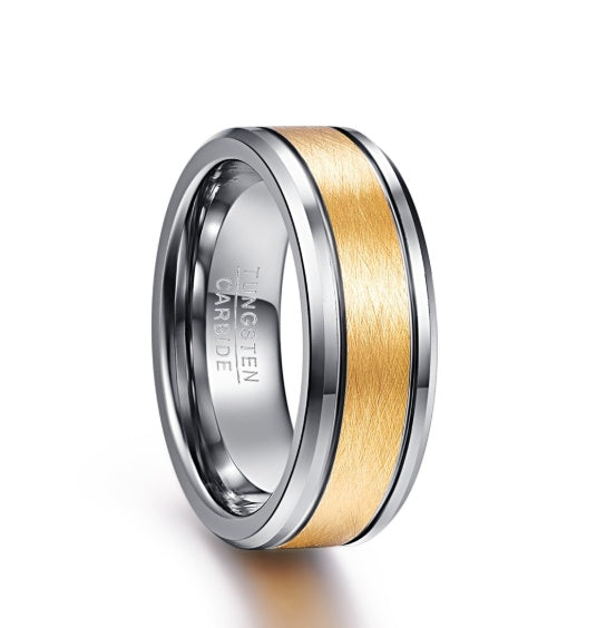 8 mm men's wedding ring made of tungsten carbide in gold color, brushed center, two grooves, beveled edges