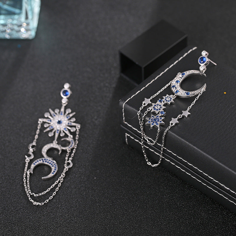Damen-Ohrringe mit Zirkon, achtzackiger Stern und Mond, lange Quasten