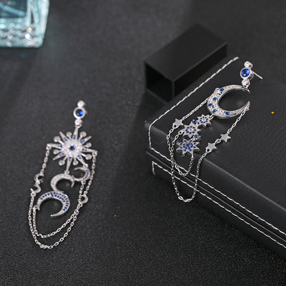 Damen-Ohrringe mit Zirkon, achtzackiger Stern und Mond, lange Quasten