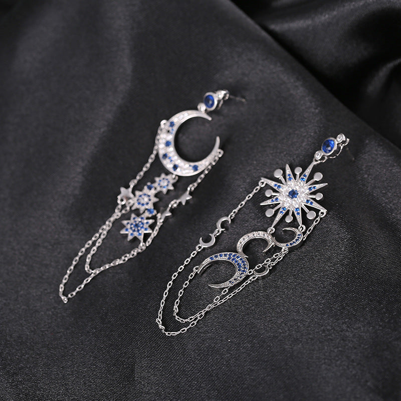 Damen-Ohrringe mit Zirkon, achtzackiger Stern und Mond, lange Quasten