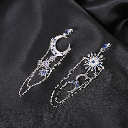 Damen-Ohrringe mit Zirkon, achtzackiger Stern und Mond, lange Quasten