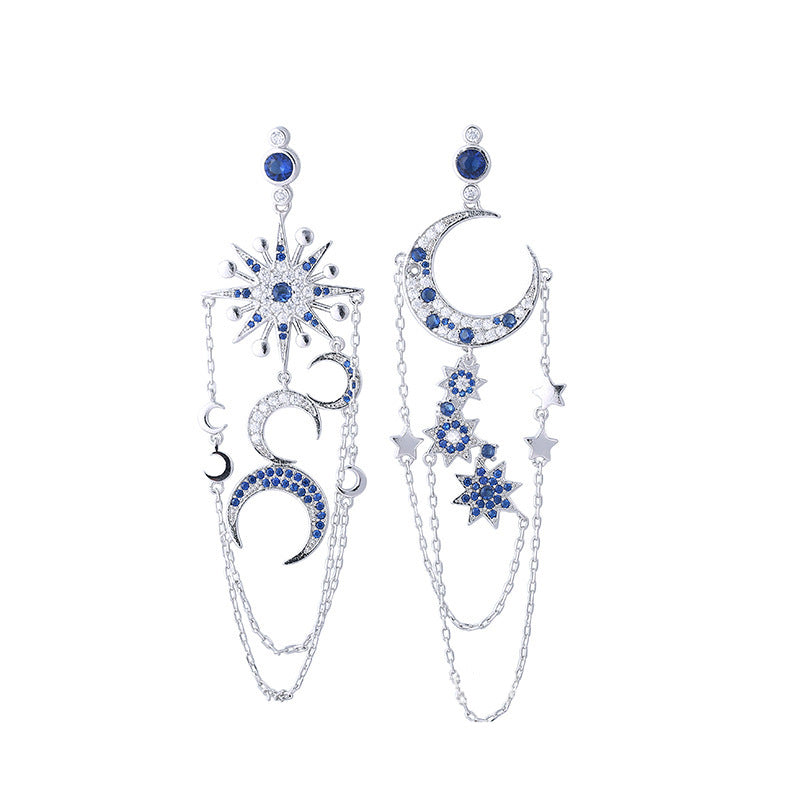 Damen-Ohrringe mit Zirkon, achtzackiger Stern und Mond, lange Quasten