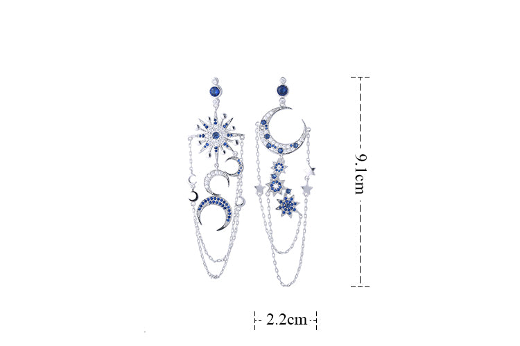 Damen-Ohrringe mit Zirkon, achtzackiger Stern und Mond, lange Quasten