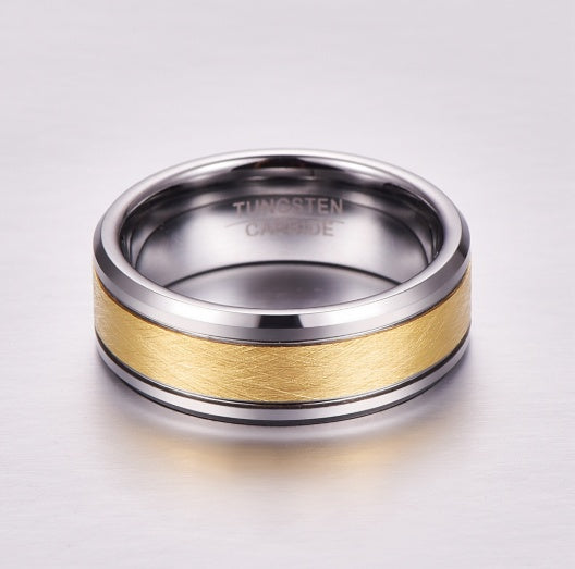8 mm men's wedding ring made of tungsten carbide in gold color, brushed center, two grooves, beveled edges