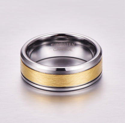8 mm men's wedding ring made of tungsten carbide in gold color, brushed center, two grooves, beveled edges
