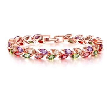 Fashionable copper bracelet with colorful crystals and zircon (willow design)