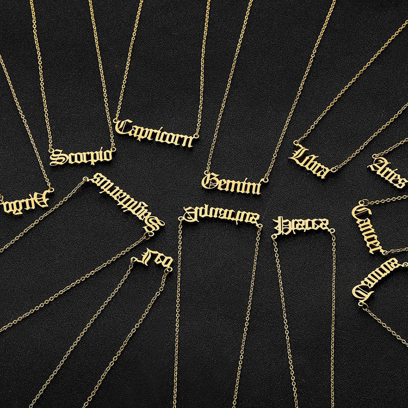Edelstahl-Halskette mit Buchstaben-Anhänger der 12 Sternzeichen, Goldkette