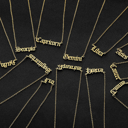 Edelstahl-Halskette mit Buchstaben-Anhänger der 12 Sternzeichen, Goldkette