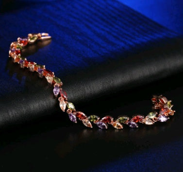 Fashionable copper bracelet with colorful crystals and zircon (willow design)