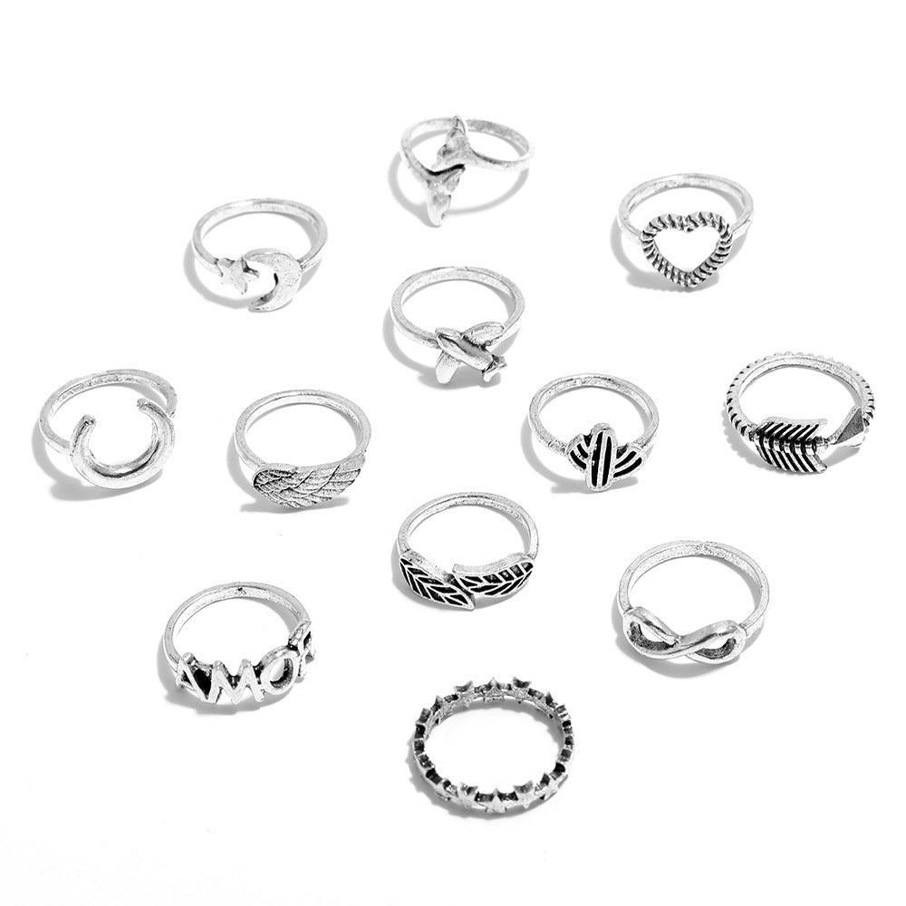 Retro-Ring-Set mit kreativem Cartoon-Design aus silberfarbenem Metall