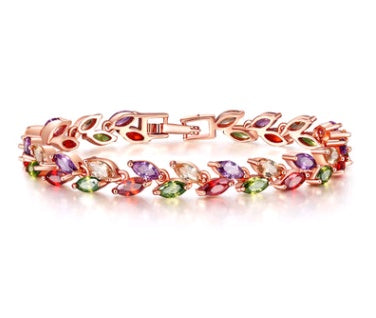 Fashionable copper bracelet with colorful crystals and zircon (willow design)