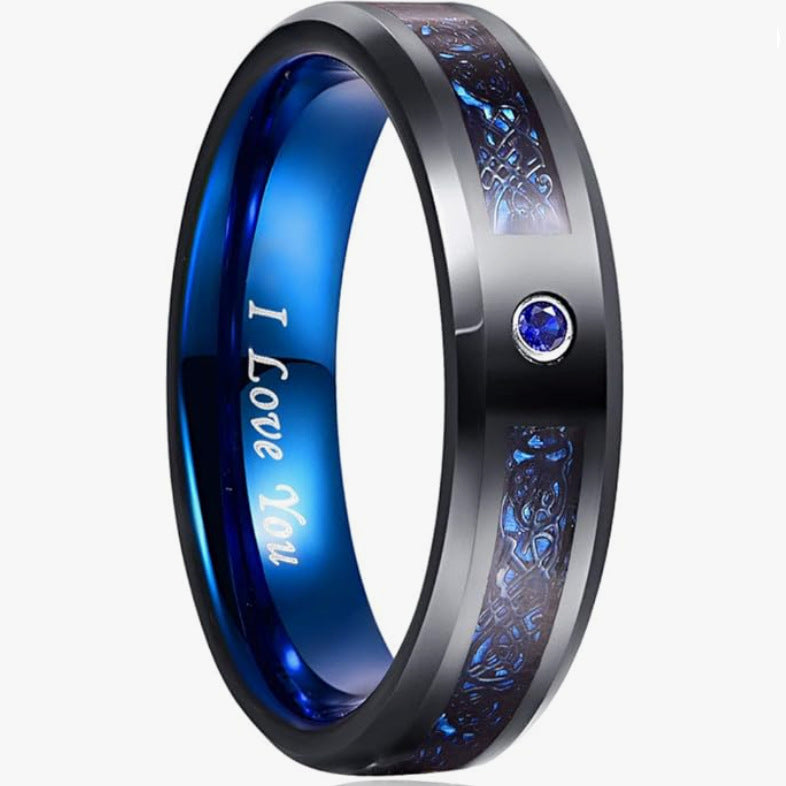 Modischer Herrenring aus Wolframstahl mit Epoxid-Einlage und Zirkon, Blau-Schwarz-Design