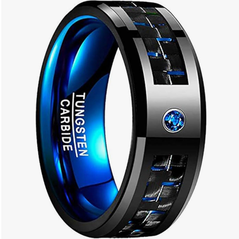 Modischer Herrenring aus Wolframstahl mit Epoxid-Einlage und Zirkon, Blau-Schwarz-Design