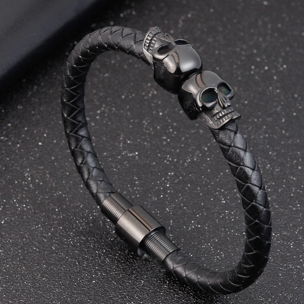 Herren-Lederarmband mit Totenkopf aus Edelstahl, geflochtenes schlichtes Design
