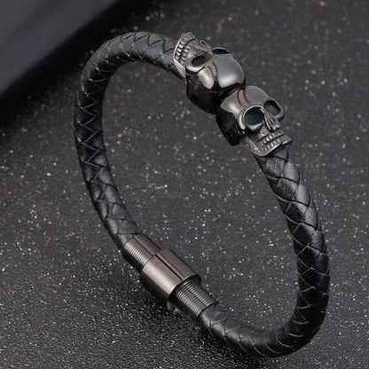 Herren-Lederarmband mit Totenkopf aus Edelstahl, geflochtenes schlichtes Design