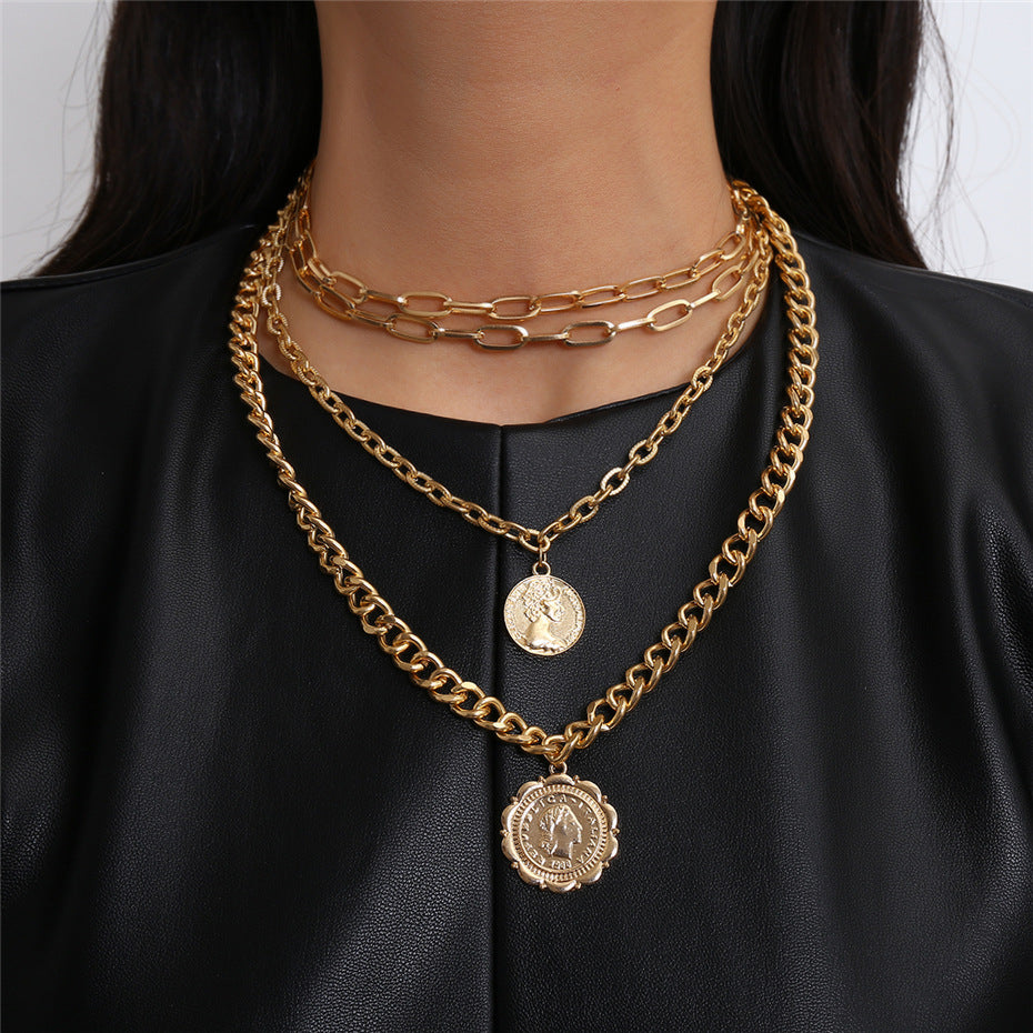 Multi-layered hip-hop necklace with medal pendant