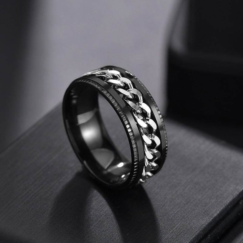 Drehbarer Herrenring aus Titanstahl mit Kette, cooler Designring