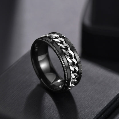 Drehbarer Herrenring aus Titanstahl mit Kette, cooler Designring