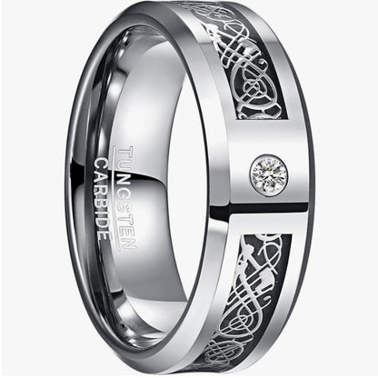 Modischer Herrenring aus Wolframstahl mit Epoxid-Einlage und Zirkon, Blau-Schwarz-Design