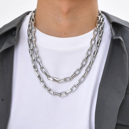Hip-hop necklace made of stainless steel in steel color with a solid rectangular chain