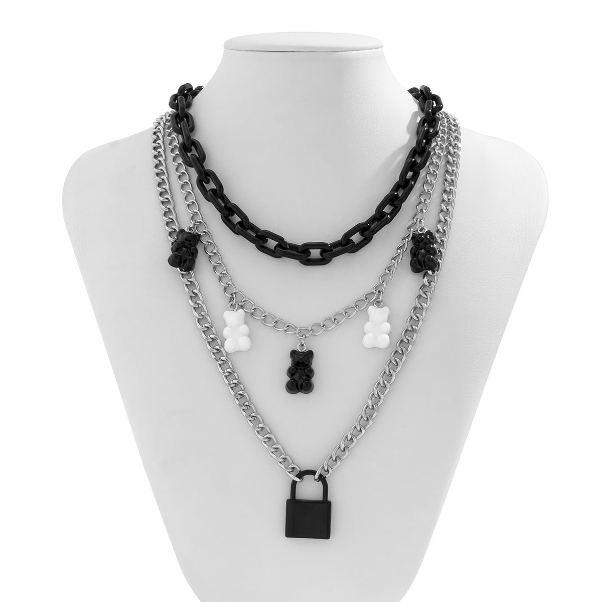 Fashionable multi-layered women's necklace with lock pendant and metal tassels