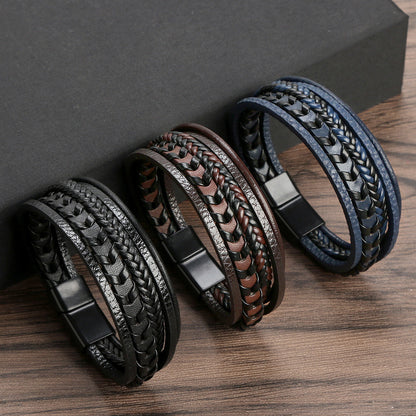 Fashionable multi-layered bracelet made of braided leather strap