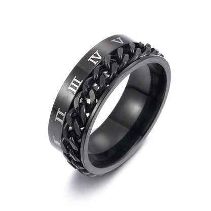 Drehbarer Herrenring aus Titanstahl mit römischen Ziffern und Kette, hochwertiger Multifunktions-Spinner mit Flaschenöffner, Punk-Partnerring