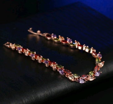 Fashionable copper bracelet with colorful crystals and zircon (willow design)