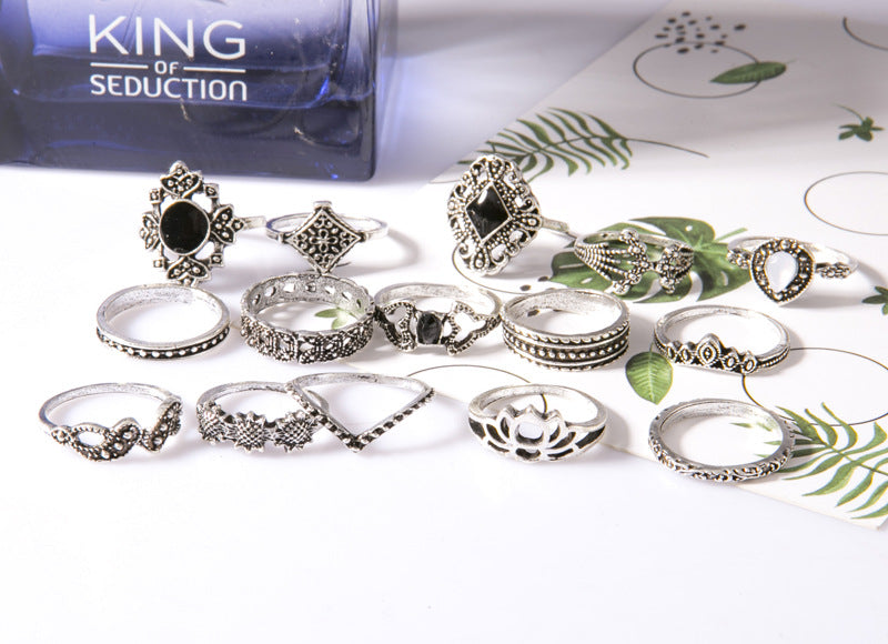 Modisches Trend-Ringset, 15-teilig, mit hohlem Lotus-, Sonnenblumen- und geometrischem Design, schwarzer Schmuckstein