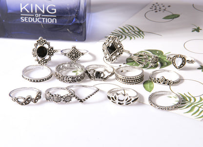 Modisches Trend-Ringset, 15-teilig, mit hohlem Lotus-, Sonnenblumen- und geometrischem Design, schwarzer Schmuckstein