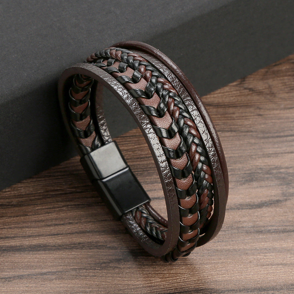 Fashionable multi-layered bracelet made of braided leather strap