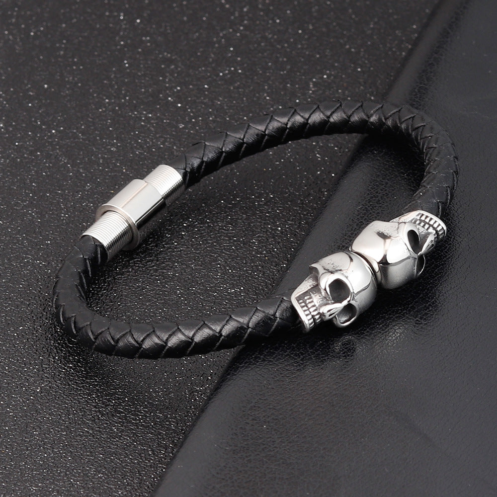 Herren-Lederarmband mit Totenkopf aus Edelstahl, geflochtenes schlichtes Design