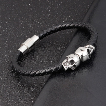 Herren-Lederarmband mit Totenkopf aus Edelstahl, geflochtenes schlichtes Design