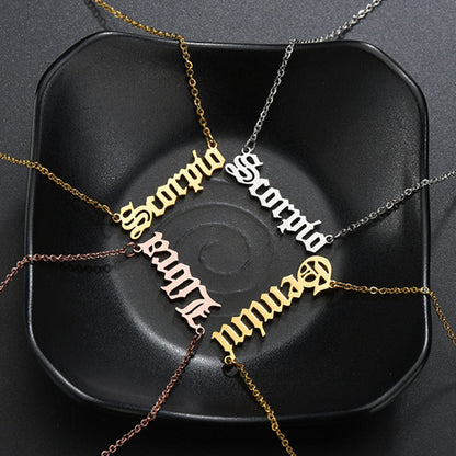 Edelstahl-Halskette mit Buchstaben-Anhänger der 12 Sternzeichen, Goldkette