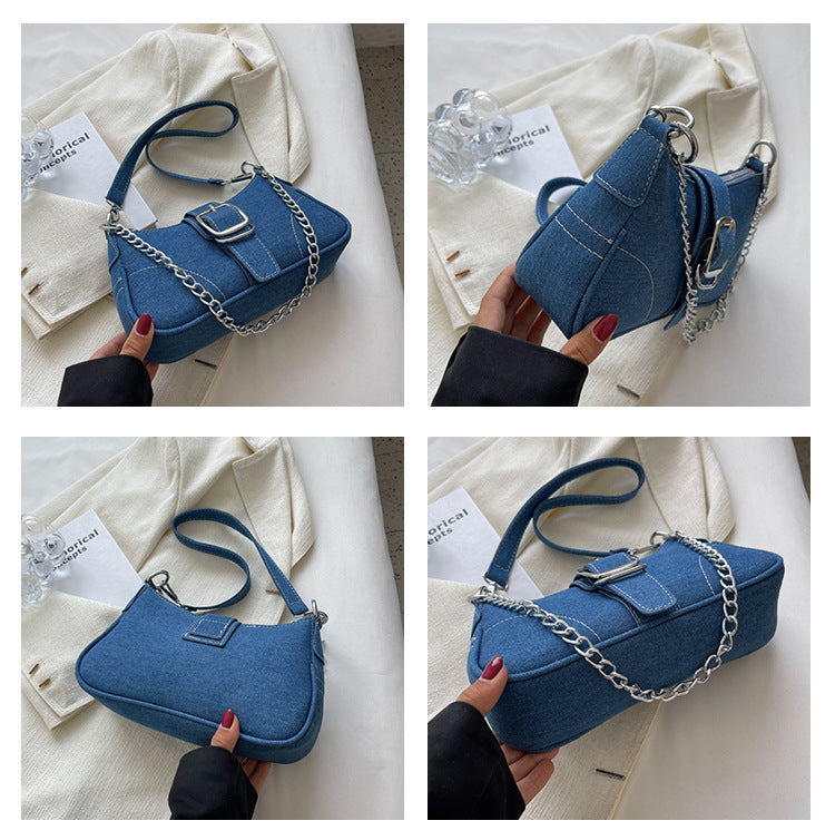 Denim shoulder bag for women with chain, fashionable crossbody handbag, small square underarm bag