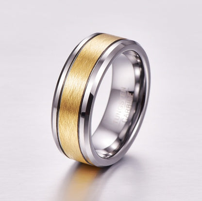 8 mm men's wedding ring made of tungsten carbide in gold color, brushed center, two grooves, beveled edges