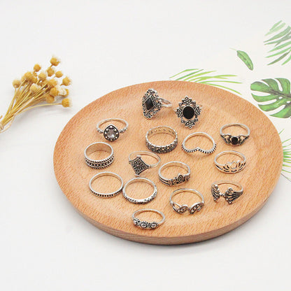 Modisches Trend-Ringset, 15-teilig, mit hohlem Lotus-, Sonnenblumen- und geometrischem Design, schwarzer Schmuckstein