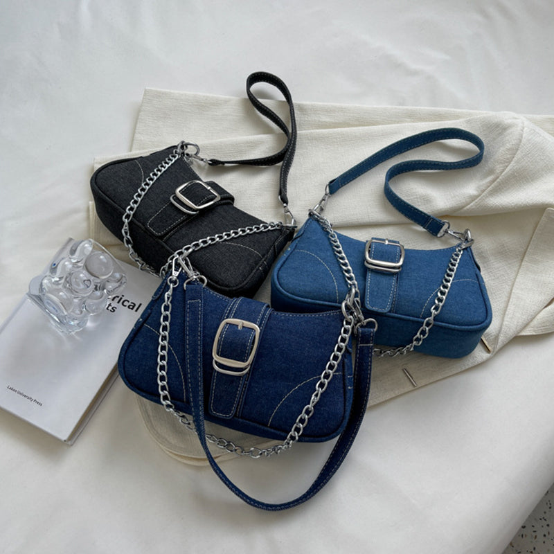Denim shoulder bag for women with chain, fashionable crossbody handbag, small square underarm bag