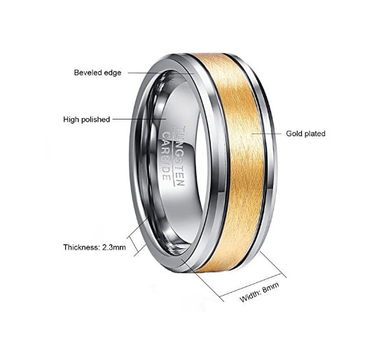 8 mm men's wedding ring made of tungsten carbide in gold color, brushed center, two grooves, beveled edges