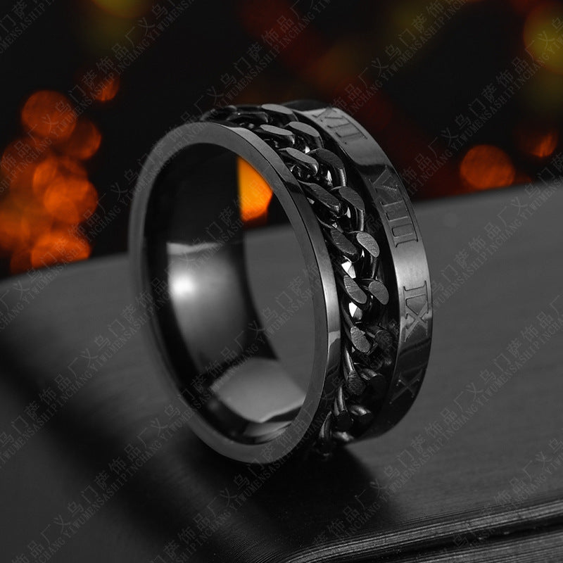 Drehbarer Herrenring aus Titanstahl mit römischen Ziffern und Kette, hochwertiger Multifunktions-Spinner mit Flaschenöffner, Punk-Partnerring