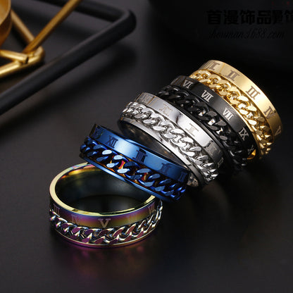 Drehbarer Herrenring aus Titanstahl mit römischen Ziffern und Kette, hochwertiger Multifunktions-Spinner mit Flaschenöffner, Punk-Partnerring